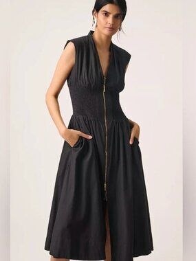 Anthropologie Tommie Zip Front Midi Dress Black XL Short Sleeve Pockets
